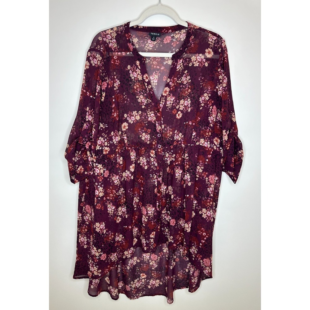Torrid Burgundy Floral Sheer Chiffon Hi-Lo Babydoll Tunic Top Plus Size 2 2X - Picture 11 of 11